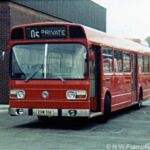 A Tilling Red Leyland National! Almost certainly the only one, and the first to enter service. Seen here at Whitehaven depot when only a few months old. Leyland National ERM35K at Whitehaven depot